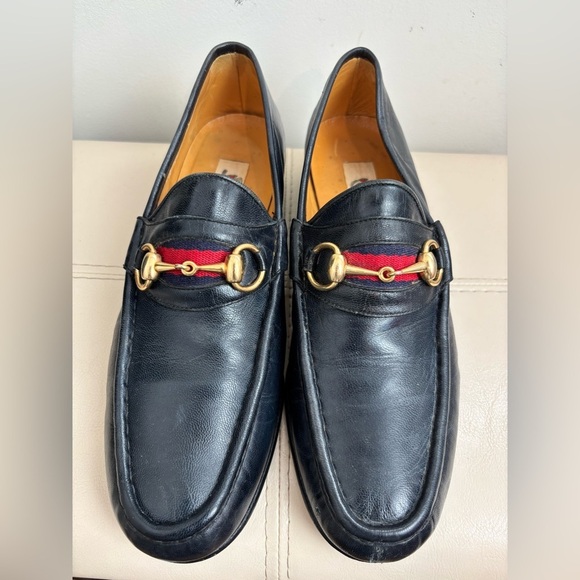 Gucci Other - Vintage Gucci Gold Horse-bit Navy Blue Leather Loafers With Red Stripes Size 42S
